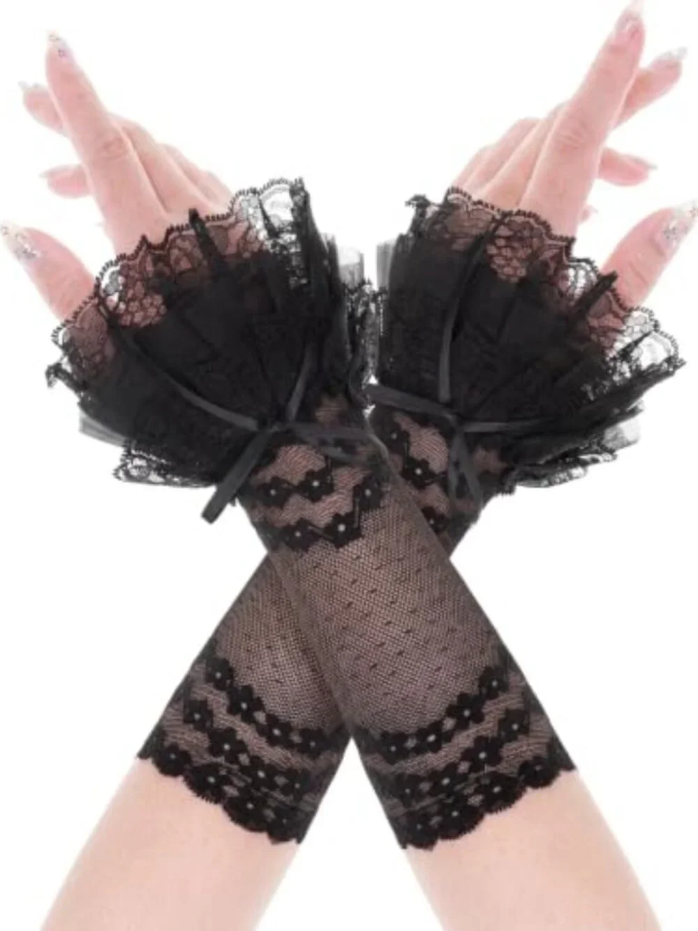 Women's Lace Fingerless Gloves - Ruffle Bow Arm Sleeves for Wedding Cosplay